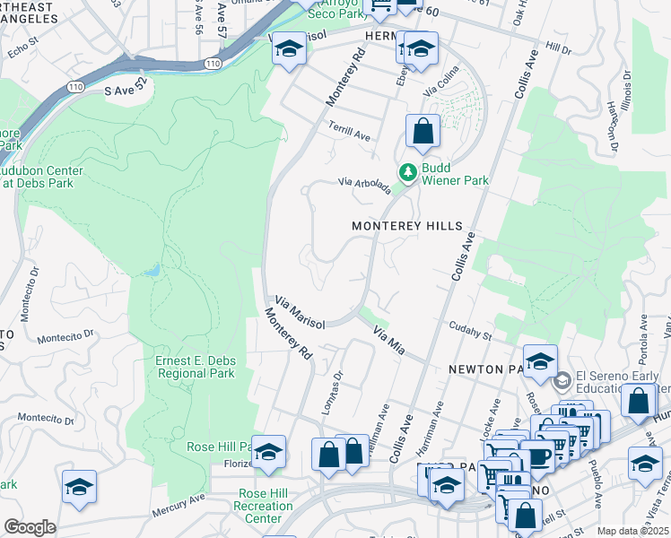 map of restaurants, bars, coffee shops, grocery stores, and more near 4225 Vía Arbolada in Los Angeles