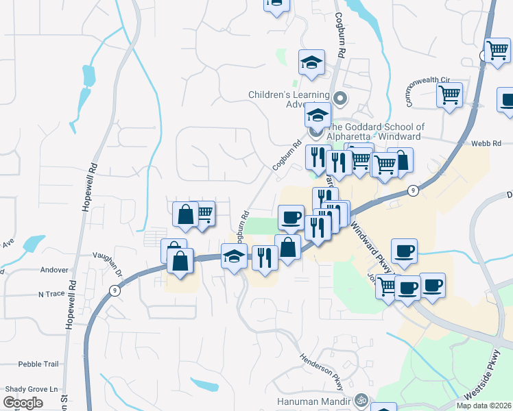 map of restaurants, bars, coffee shops, grocery stores, and more near 2810 Cogburn Pointe in Alpharetta
