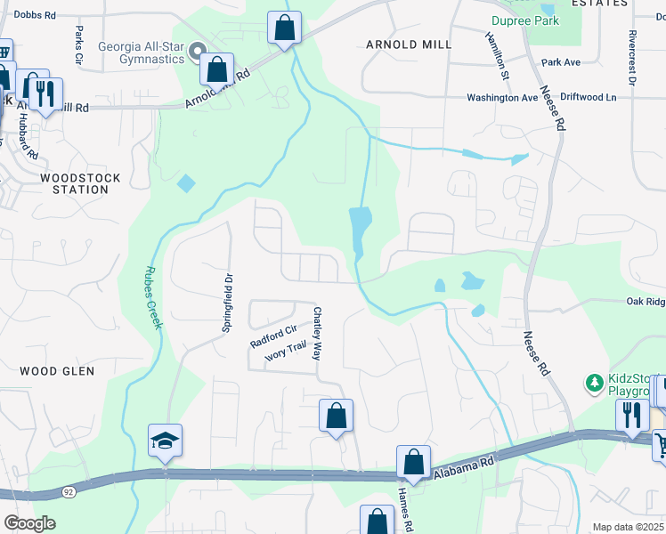 map of restaurants, bars, coffee shops, grocery stores, and more near 504 Rokeby Drive in Woodstock