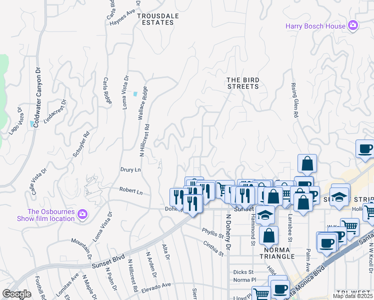 map of restaurants, bars, coffee shops, grocery stores, and more near 9252 Sierra Mar Drive in Los Angeles