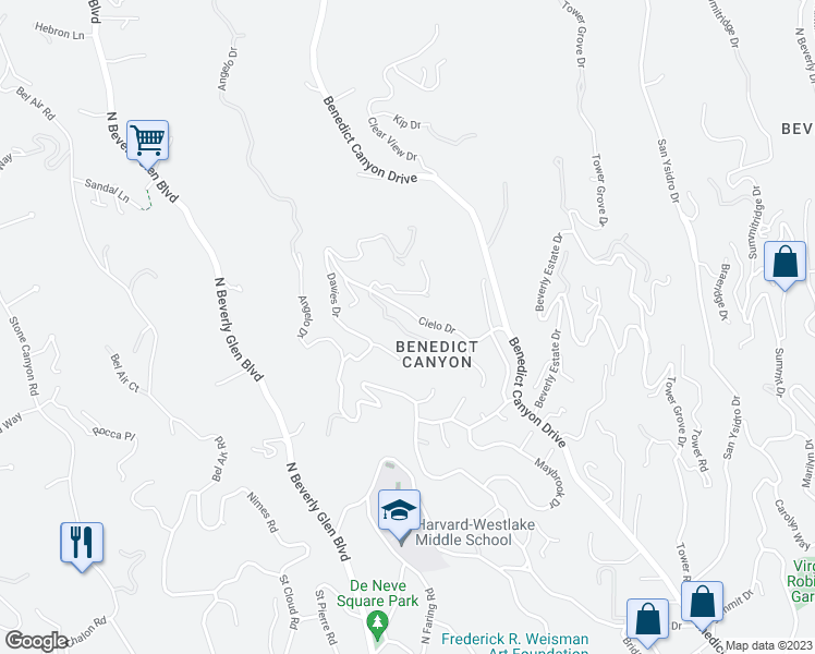 map of restaurants, bars, coffee shops, grocery stores, and more near 10110 Cielo Drive in Beverly Hills