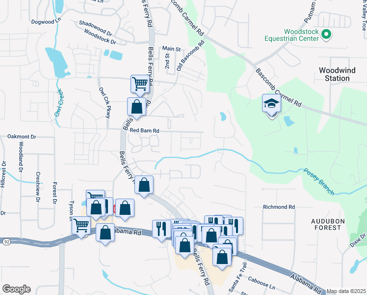 map of restaurants, bars, coffee shops, grocery stores, and more near 410 Wilshire Court in Acworth
