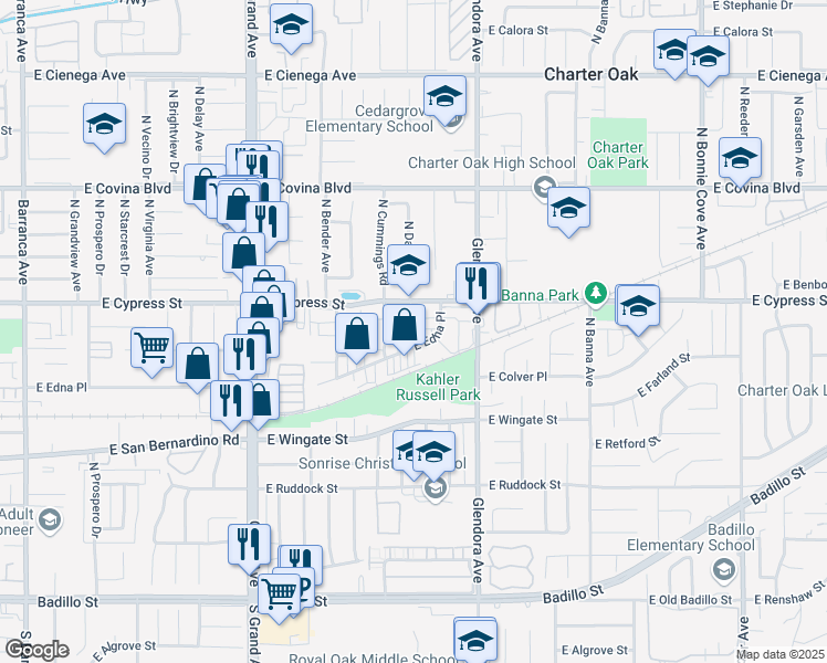 map of restaurants, bars, coffee shops, grocery stores, and more near 840 North Cummings Road in Covina