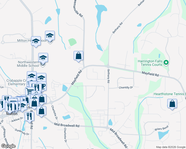 map of restaurants, bars, coffee shops, grocery stores, and more near 1340 Brandywine Trail in Alpharetta