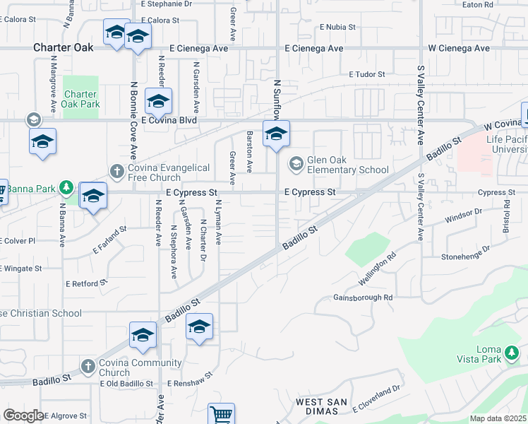 map of restaurants, bars, coffee shops, grocery stores, and more near 831 North Sunflower Avenue in Covina