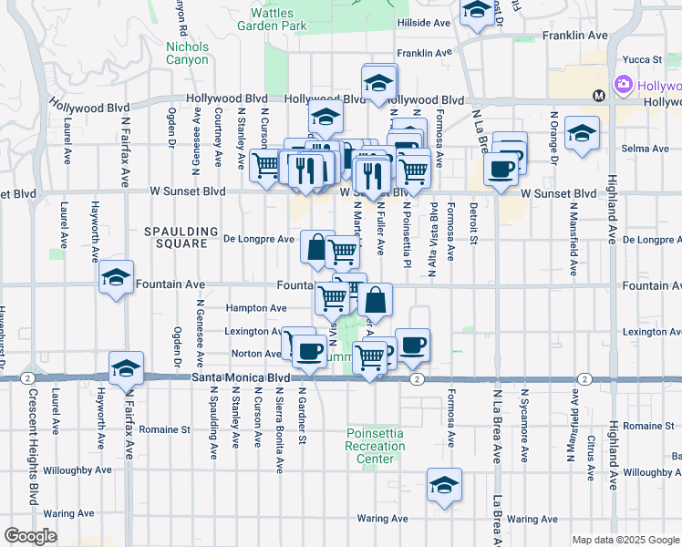 map of restaurants, bars, coffee shops, grocery stores, and more near 1312 North Vista Street in Los Angeles