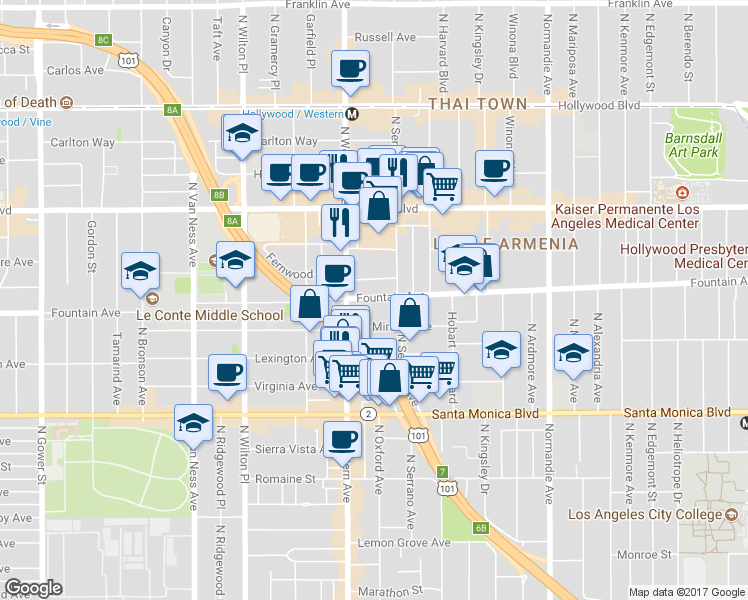 map of restaurants, bars, coffee shops, grocery stores, and more near 5432 1/2 Fountain Avenue in Los Angeles