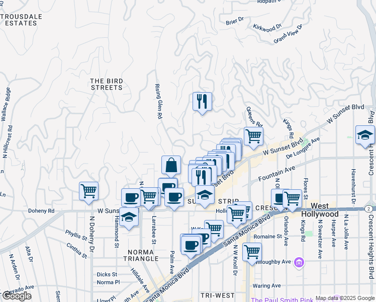 map of restaurants, bars, coffee shops, grocery stores, and more near 1270 Sunset Plaza Drive in Los Angeles
