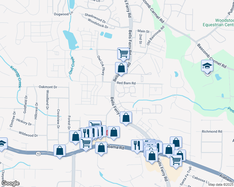map of restaurants, bars, coffee shops, grocery stores, and more near 236 Peaks Ridge in Acworth