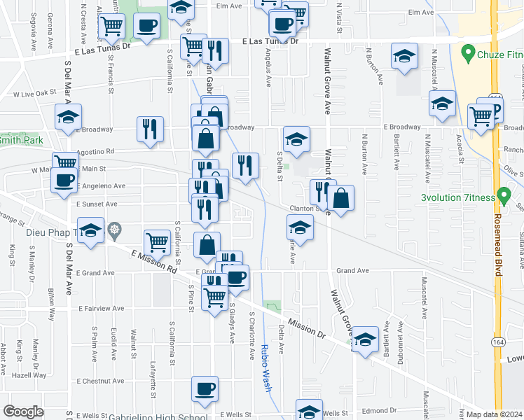 map of restaurants, bars, coffee shops, grocery stores, and more near 865 Santa Fe Avenue in San Gabriel