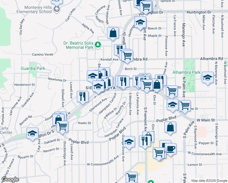 map of restaurants, bars, coffee shops, grocery stores, and more near 3000 West Main Street in Alhambra