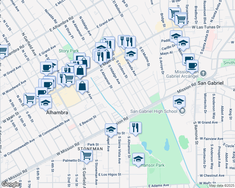 map of restaurants, bars, coffee shops, grocery stores, and more near 305 South Almansor Street in Alhambra