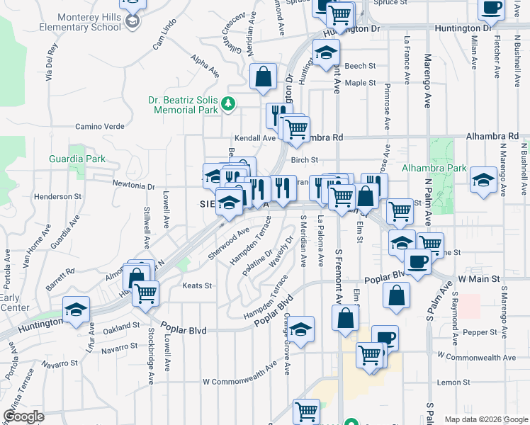 map of restaurants, bars, coffee shops, grocery stores, and more near 3000 West Main Street in Alhambra