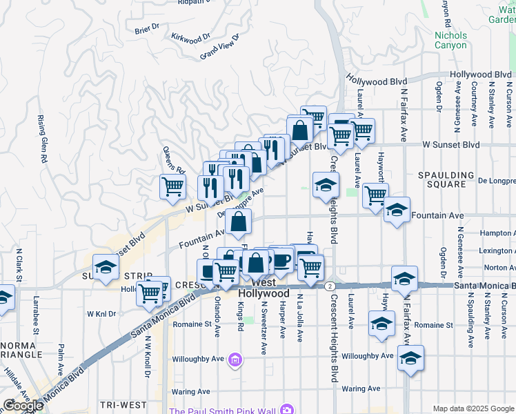 map of restaurants, bars, coffee shops, grocery stores, and more near 1323 North Sweetzer Avenue in West Hollywood