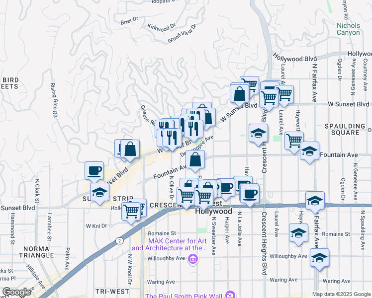 map of restaurants, bars, coffee shops, grocery stores, and more near 8400 Sunset Boulevard in West Hollywood