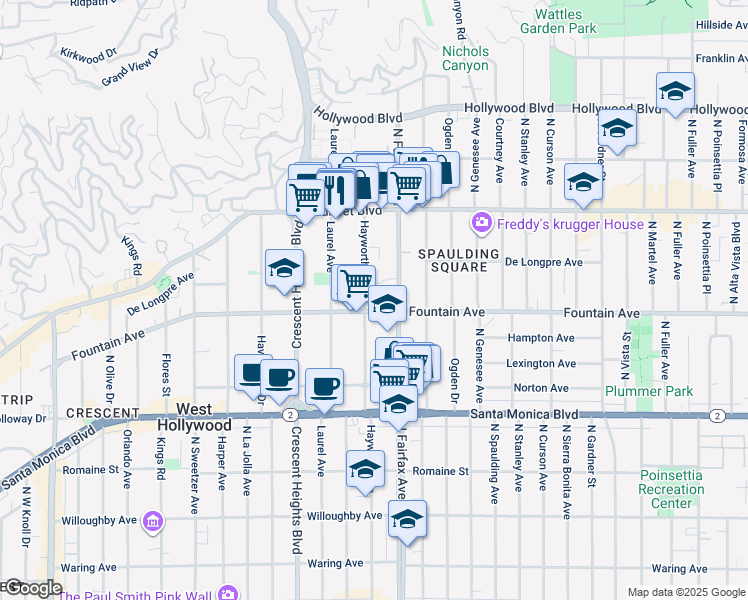 map of restaurants, bars, coffee shops, grocery stores, and more near 1314 Hayworth Avenue in West Hollywood
