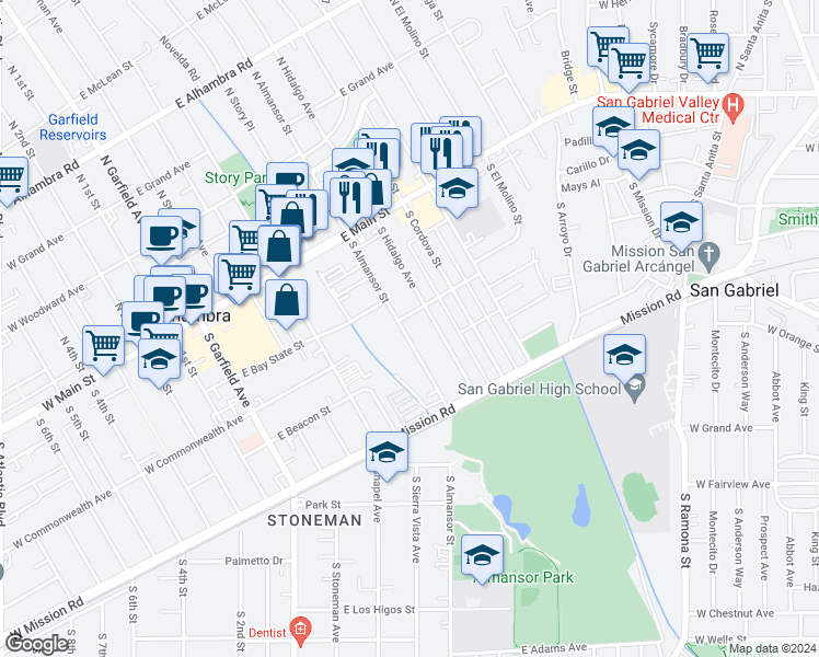 map of restaurants, bars, coffee shops, grocery stores, and more near 308 South Almansor Street in Alhambra