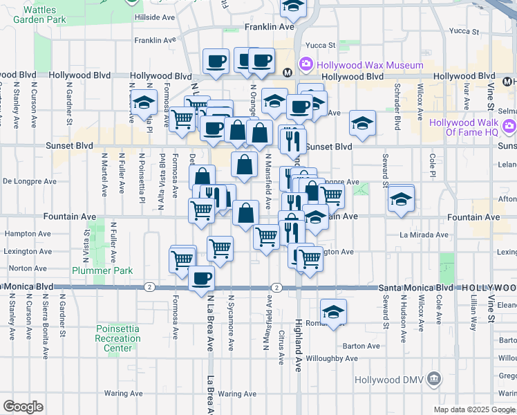 map of restaurants, bars, coffee shops, grocery stores, and more near 1317 North Mansfield Avenue in Los Angeles