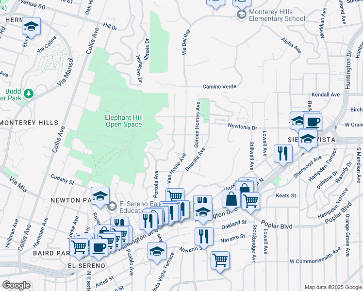 map of restaurants, bars, coffee shops, grocery stores, and more near 4231 Van Horne Avenue in Los Angeles