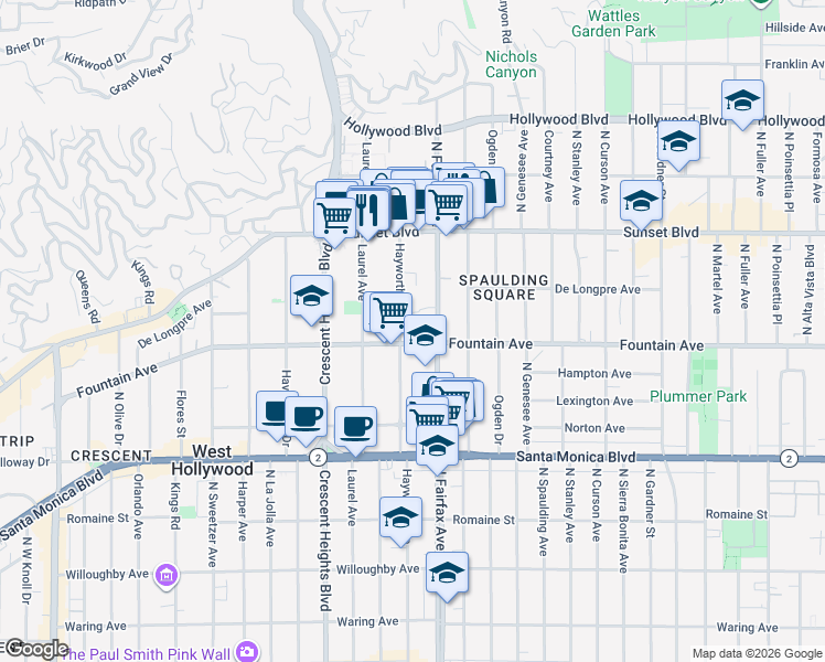 map of restaurants, bars, coffee shops, grocery stores, and more near 1314 Hayworth Avenue in West Hollywood