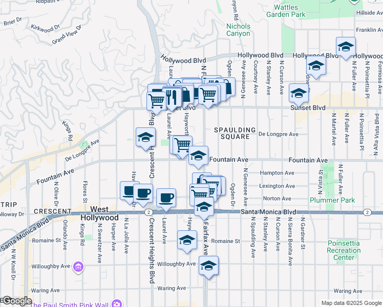 map of restaurants, bars, coffee shops, grocery stores, and more near 1314 Hayworth Avenue in West Hollywood