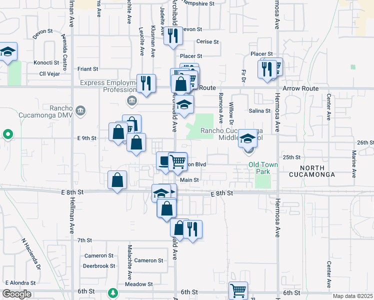 map of restaurants, bars, coffee shops, grocery stores, and more near 8728 Pine Crest Place in Rancho Cucamonga