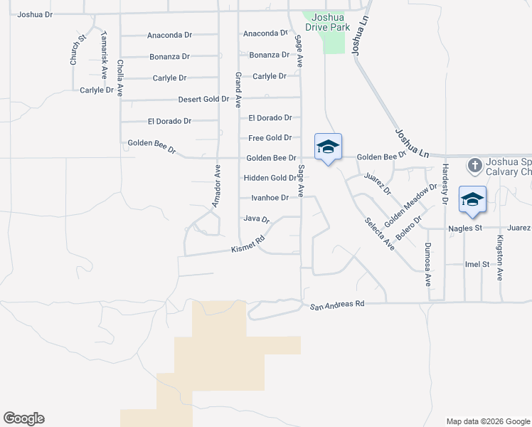 map of restaurants, bars, coffee shops, grocery stores, and more near 56782 Java Drive in Yucca Valley