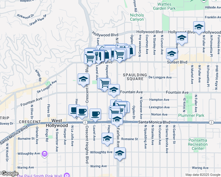 map of restaurants, bars, coffee shops, grocery stores, and more near 1314 Hayworth Avenue in West Hollywood