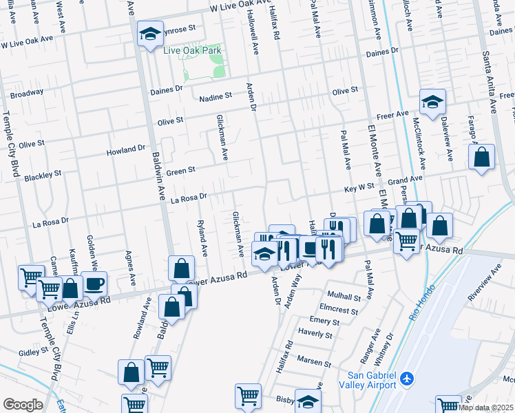 map of restaurants, bars, coffee shops, grocery stores, and more near 5017 Arden Drive in Temple City