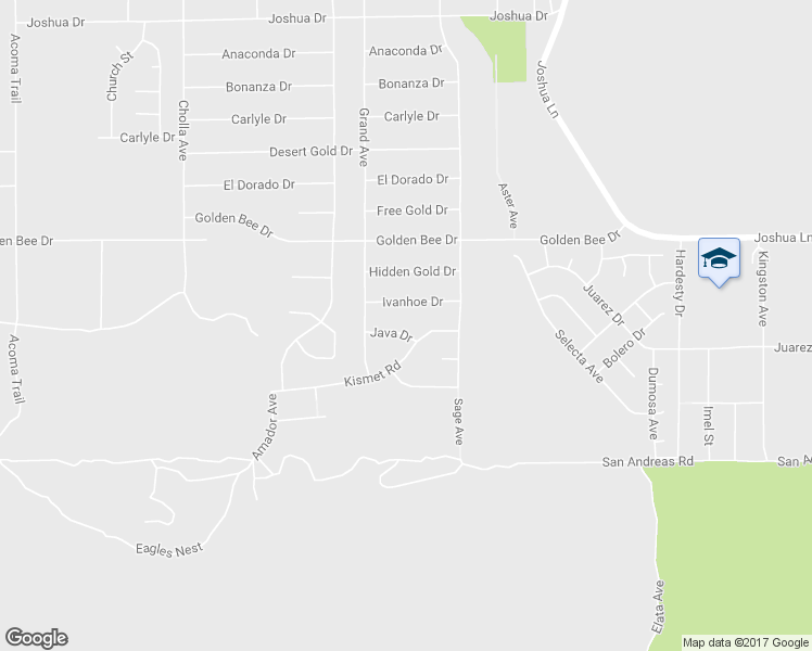 map of restaurants, bars, coffee shops, grocery stores, and more near 56800 Java Drive in Yucca Valley