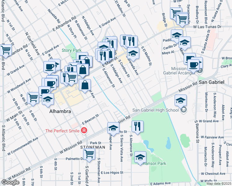 map of restaurants, bars, coffee shops, grocery stores, and more near 305 South Almansor Street in Alhambra