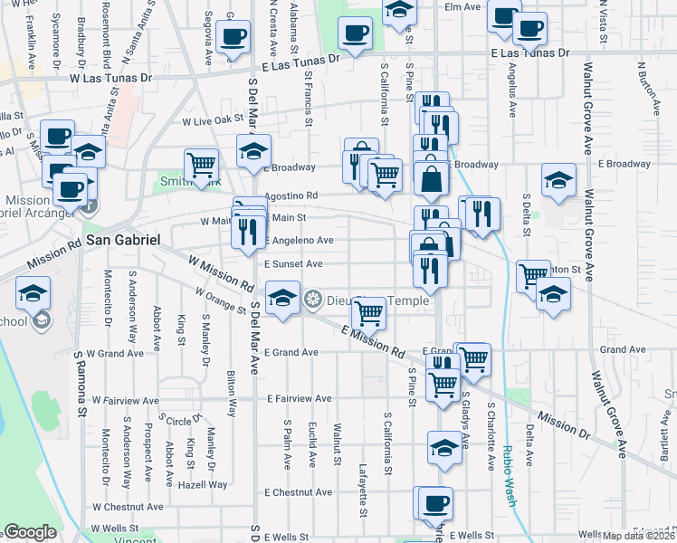 map of restaurants, bars, coffee shops, grocery stores, and more near 500 East Sunset Avenue in San Gabriel