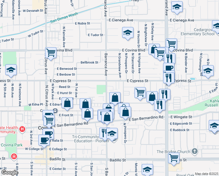 map of restaurants, bars, coffee shops, grocery stores, and more near 826 North Barranca Avenue in Covina