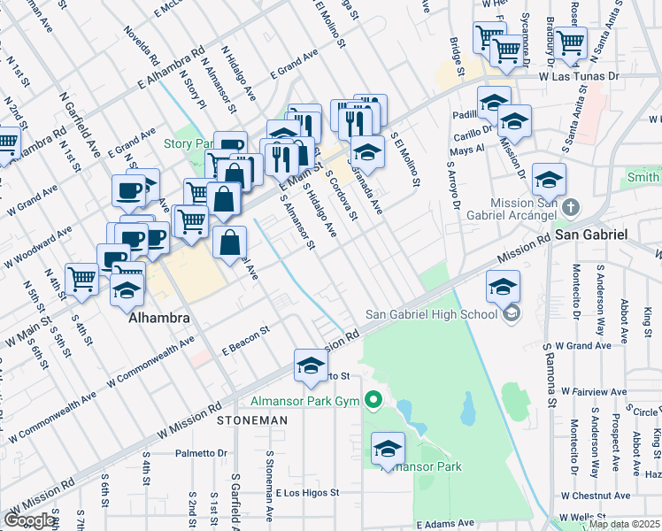map of restaurants, bars, coffee shops, grocery stores, and more near 308 South Almansor Street in Alhambra