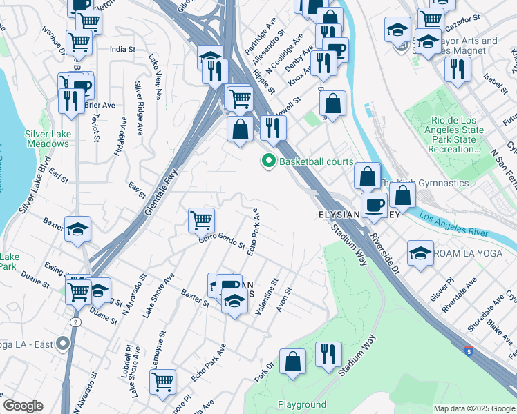 map of restaurants, bars, coffee shops, grocery stores, and more near 2420 Echo Park Avenue in Los Angeles