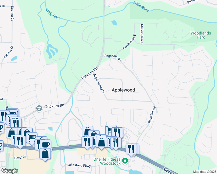 map of restaurants, bars, coffee shops, grocery stores, and more near 303 Apple Valley Court in Woodstock