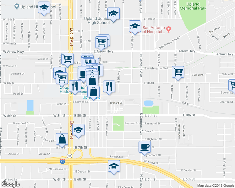 map of restaurants, bars, coffee shops, grocery stores, and more near 401 East A Street in Upland