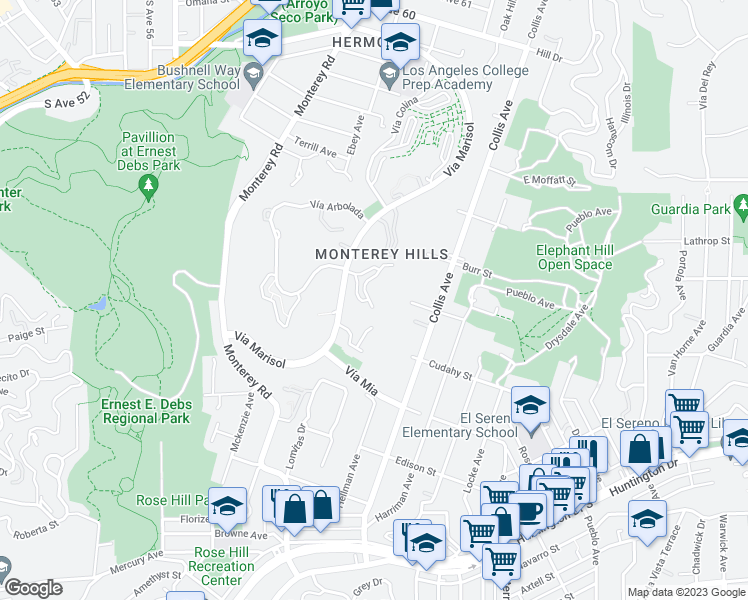 map of restaurants, bars, coffee shops, grocery stores, and more near 654 Vallejo Villas Street in Los Angeles