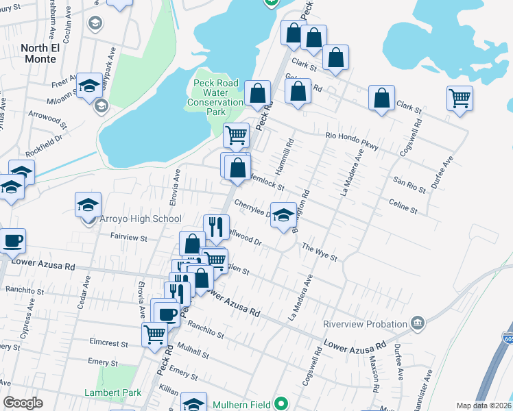 map of restaurants, bars, coffee shops, grocery stores, and more near 11645 Cherrylee Drive in El Monte