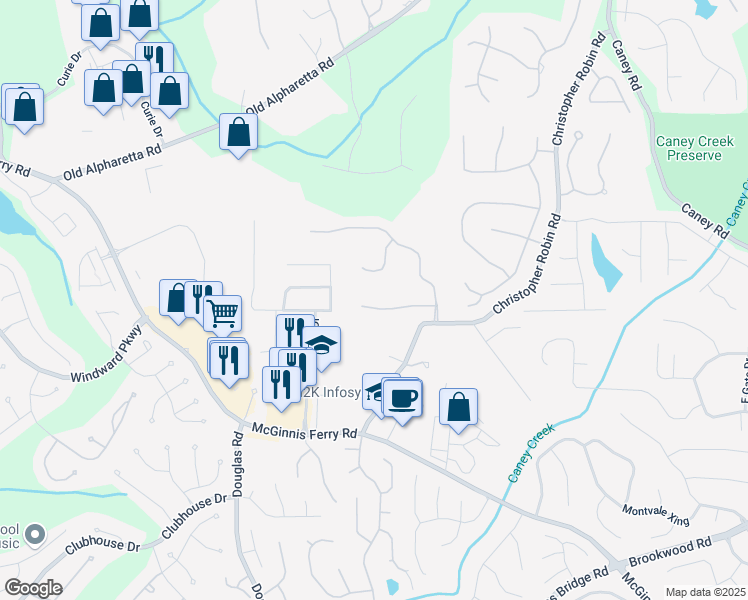 map of restaurants, bars, coffee shops, grocery stores, and more near 1050 Honor Run in Alpharetta