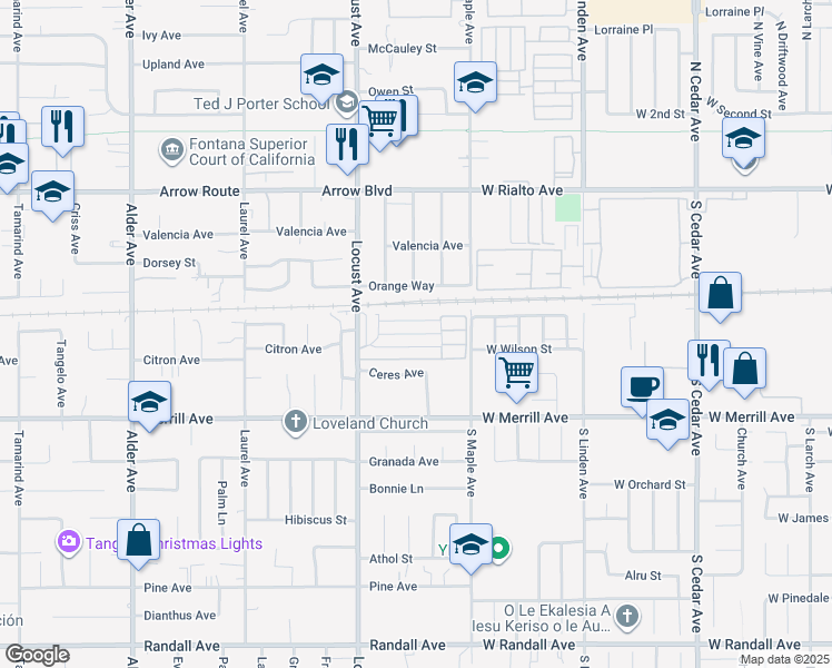 map of restaurants, bars, coffee shops, grocery stores, and more near 8787 Locust Avenue in Fontana
