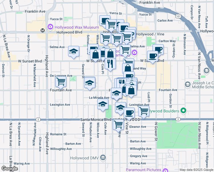 map of restaurants, bars, coffee shops, grocery stores, and more near 1331 Cole Avenue in Los Angeles