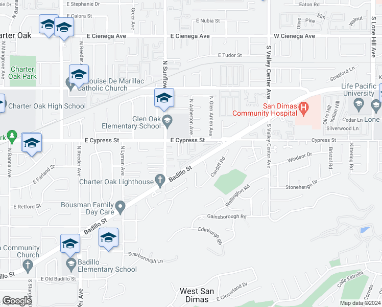 map of restaurants, bars, coffee shops, grocery stores, and more near 2215 East Badillo Street in Covina