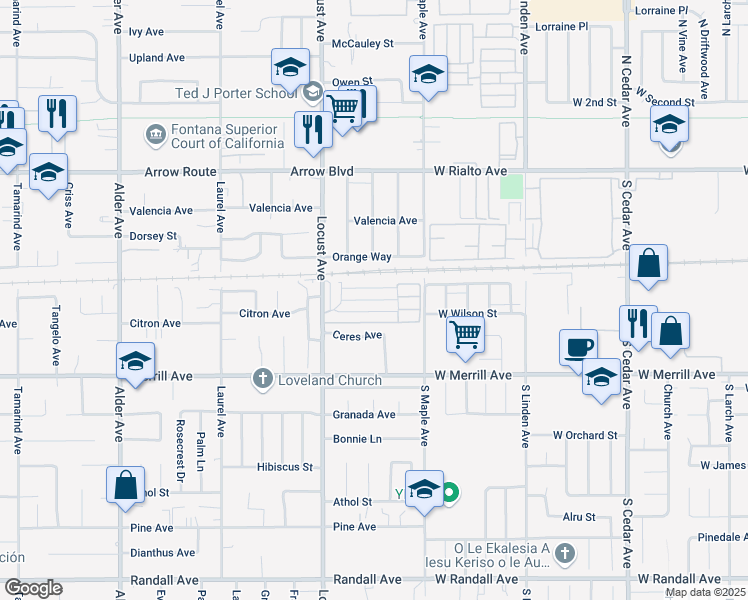map of restaurants, bars, coffee shops, grocery stores, and more near 8787 Locust Avenue in Fontana