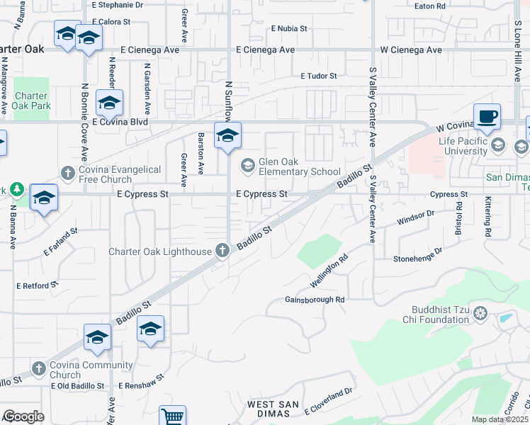 map of restaurants, bars, coffee shops, grocery stores, and more near 2215 East Badillo Street in Covina