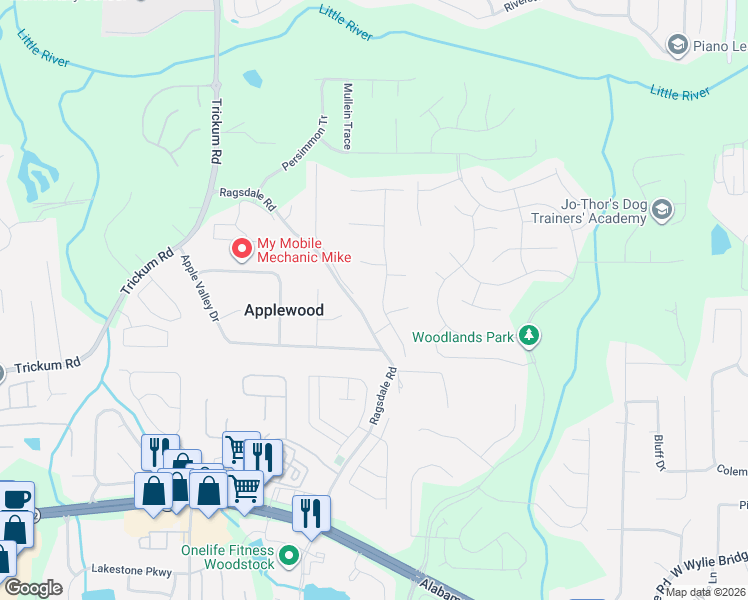 map of restaurants, bars, coffee shops, grocery stores, and more near 213 Deerchase Drive in Woodstock