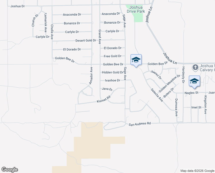 map of restaurants, bars, coffee shops, grocery stores, and more near 56782 Java Drive in Yucca Valley