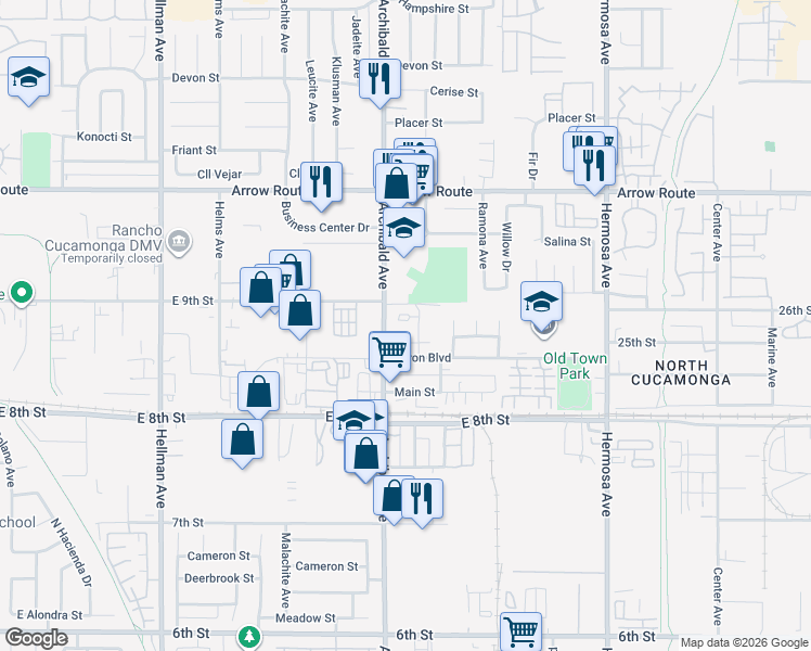 map of restaurants, bars, coffee shops, grocery stores, and more near 8730 Half Pinecrest Place in Rancho Cucamonga