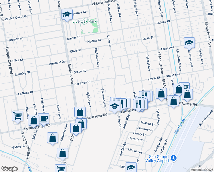 map of restaurants, bars, coffee shops, grocery stores, and more near 5017 Arden Drive in Temple City