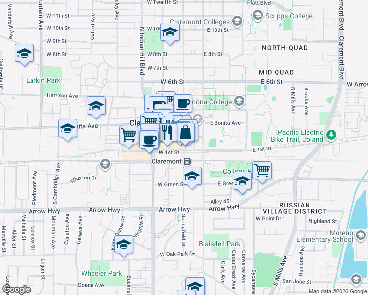 map of restaurants, bars, coffee shops, grocery stores, and more near in Claremont